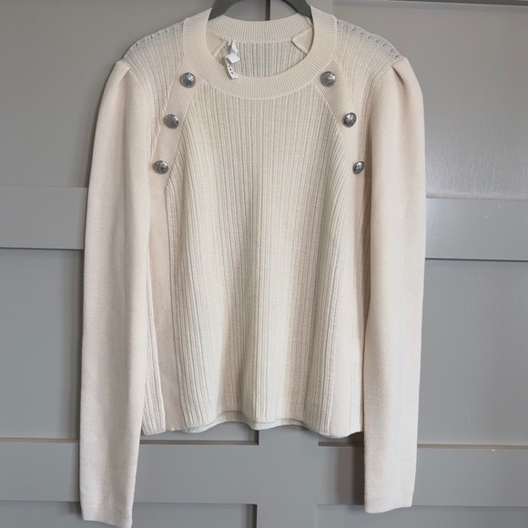 Veronica Beard Sweater Cream Ribbed Merino Wool Metal Buttons Women’s Medium - Picture 1 of 9